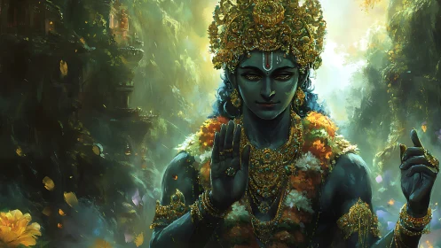 Divine blue deity stands serene amid glowing forest temple.