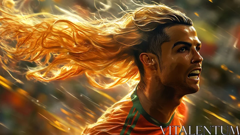 Intense soccer player portrait with dynamic flowing hair.