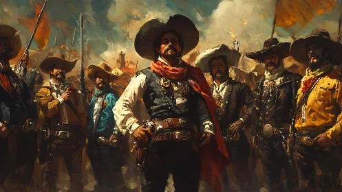 Heroic vaqueros assemble under stormy skies in painterly style