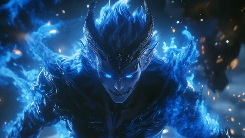 Blue fire warlord lunges forward with eyes like frozen comets