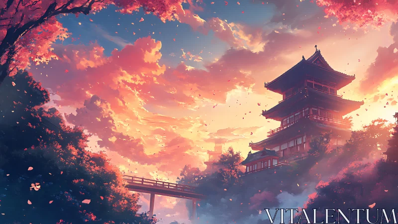 Digital painting of sunset temple with sakura canopy framing.