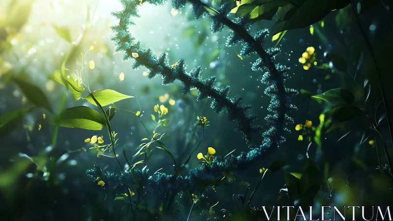 Bioluminescent DNA helix suspended in lush forest light.