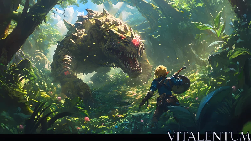 Hero confronts colossal forest beast under fractured light.