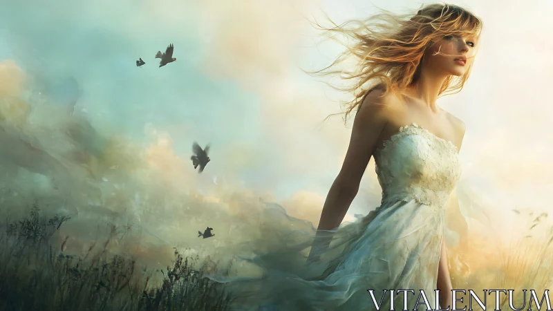 Windblown bridal figure in painterly dusk fieldscape