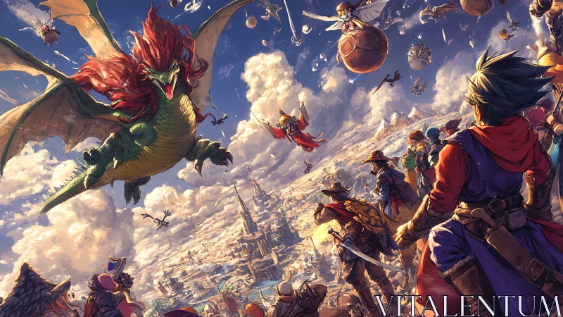 Aerial fantasy skirmish above fortified valley metropolis.