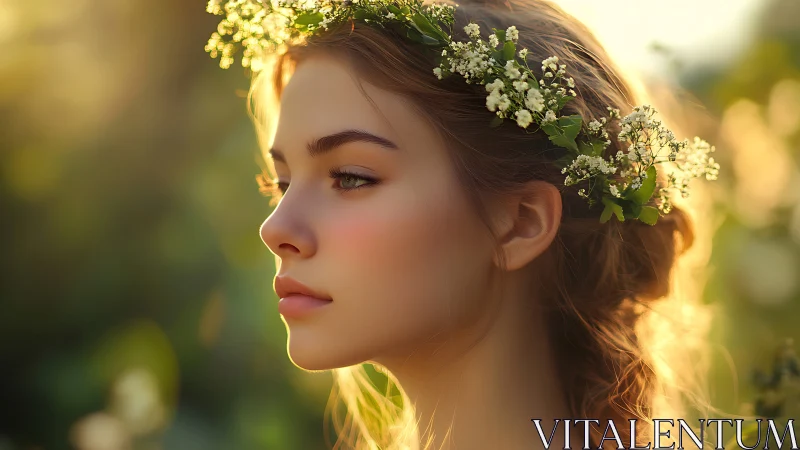 Sunlit portrait shows floral crown and serene profile beauty.