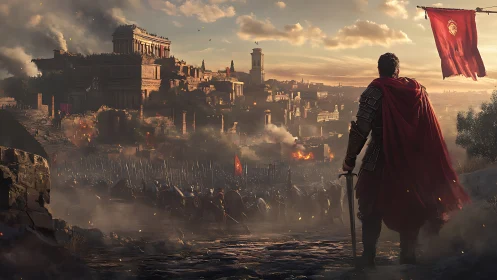 Armored commander surveys ancient city under siege at dusk