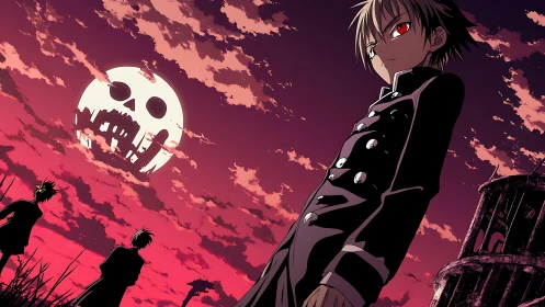 Red sky anime scene shows ominous moon and uniformed youth