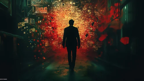 Silhouetted man crossing into glowing digital cityscape.