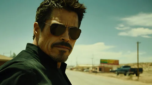 Man in sunglasses studies desert roadside under harsh light