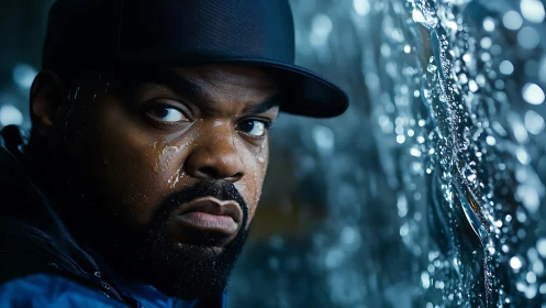 Intense man in cap stares through rain-splattered window.