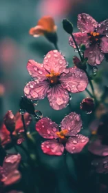 Pink flowers with water droplets on teal background.