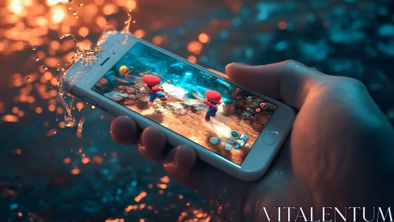 Mobile gamer holds phone as water splashes in vivid light.