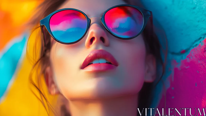 Woman in neon sunglasses leans against vivid painted wall