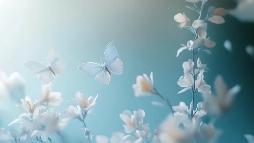 Delicate white butterflies drift above soft pastel blossoms