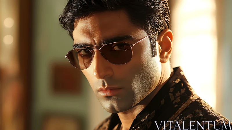 Serious man in sunglasses in warm indoor close portrait.