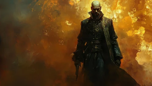 Gunfighter stalks through blazing abstract inferno backdrop.