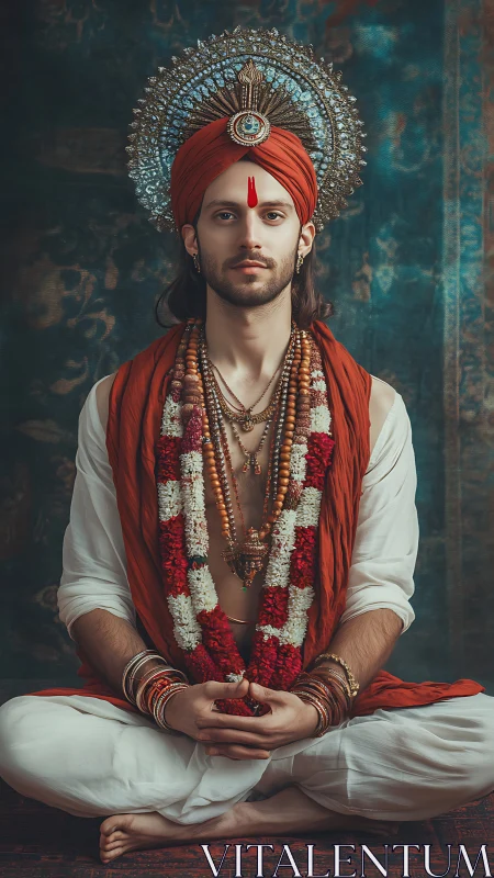 Ornamented yogic portrait with devotional regalia and mandala halo.
