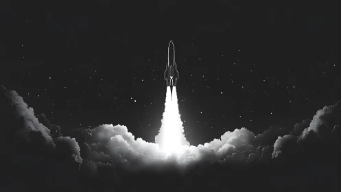 Monochrome rocket ascends vertically through dense cloud layer