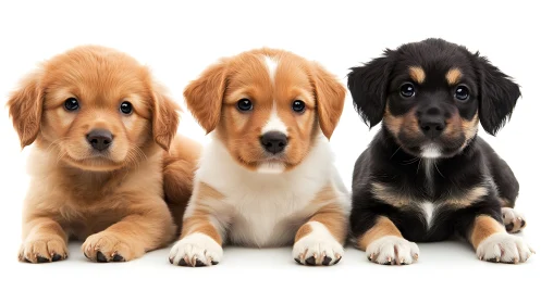 Trio of bright-eyed puppies posing in soft studio glow.