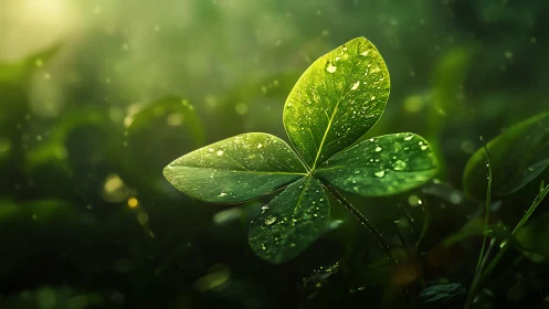 Green clover leaf with water droplets in soft sunlight.