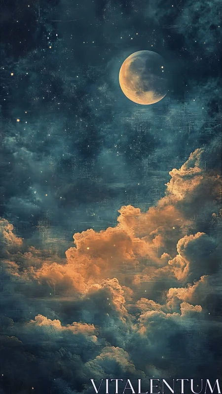 Luminous crescent moon above glowing nebula clouds at night.