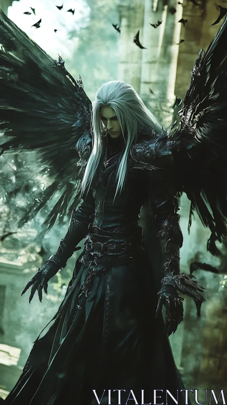 Dark winged guardian stands in misty ruined cathedral