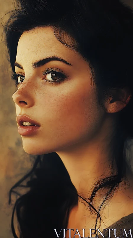 Side-lit freckled portrait captures quiet, intense gaze.