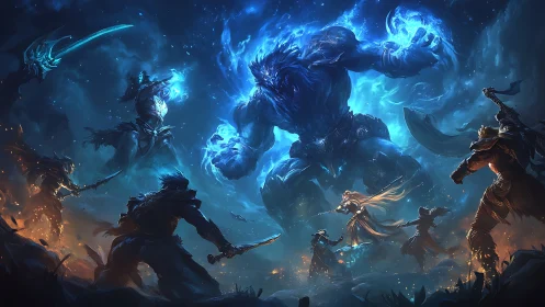 Colossal blue titan facing fiery warriors in cosmic clash.