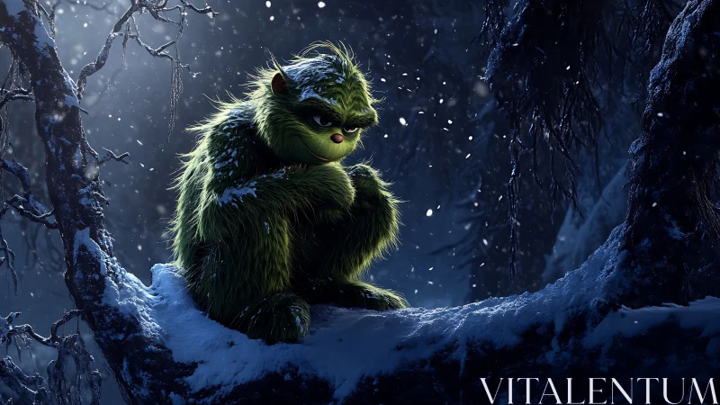 Grumpy green mischief curls into moonlit winter shadows