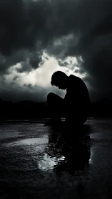 Silhouette of solitary figure under storm clouds at dusk.
