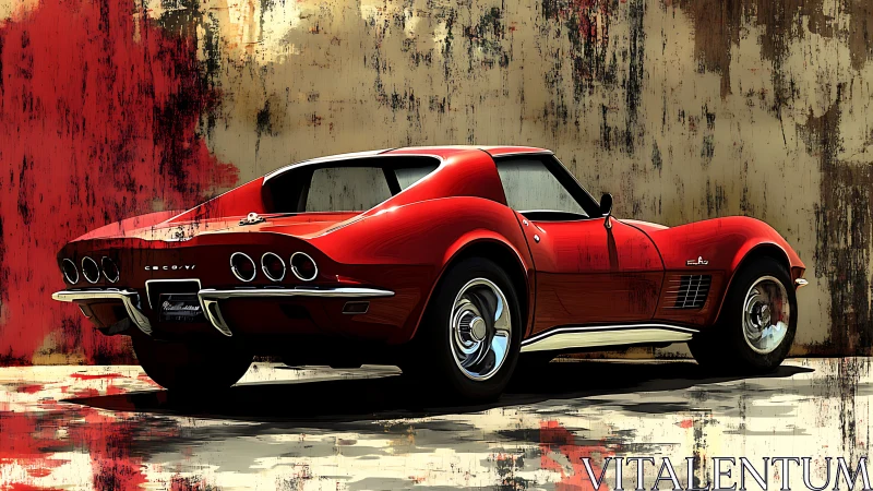 Crimson classic sports car against grungy abstract wall.