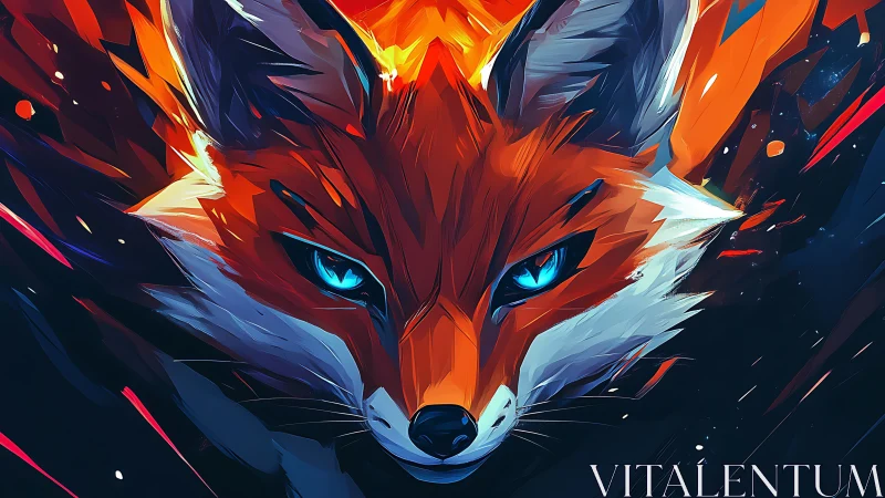 Geometric digital portrait of a fox with blue eyes.