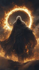 Hooded pyromancer commands a blazing celestial fire ring