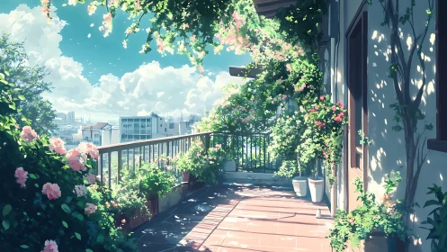 Sunlit rooftop balcony garden with dense foliage and soft shadows