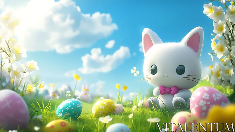 Cute white cartoon cat among colorful Easter eggs outdoors.