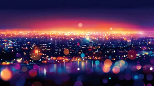 Digital painting of neon city skyline with bokeh haze at dusk.