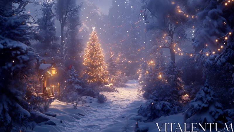 Snowy forest path glows with warm Christmas tree lights