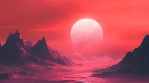 Crimson exoplanet valley with misted ridges and giant star