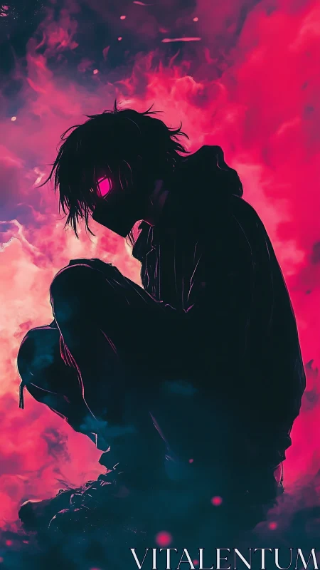 Masked neon figure crouches inside vivid pink smoke field