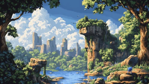 Pixel landscape depicts lush canyon ruins with distant skyline