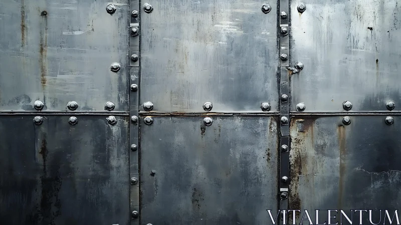 Industrial riveted metal wall with weathered, grunge texture style.