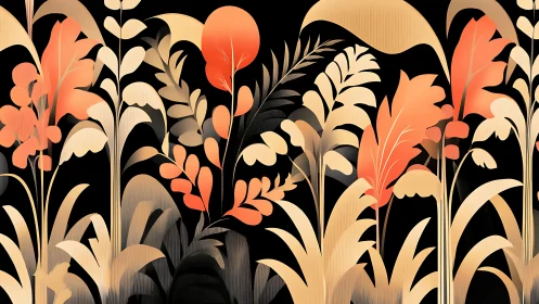 Stylized foliage glows in warm orange and gold on black.