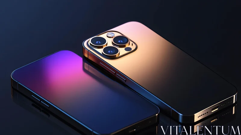 Modern smartphone duo with reflective surfaces in stylish lighting.