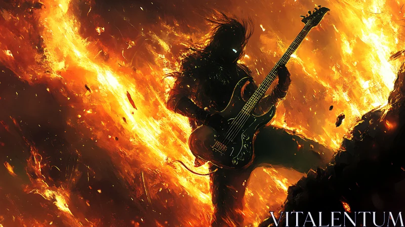 Dark guitarist silhouette amid intense erupting flames.