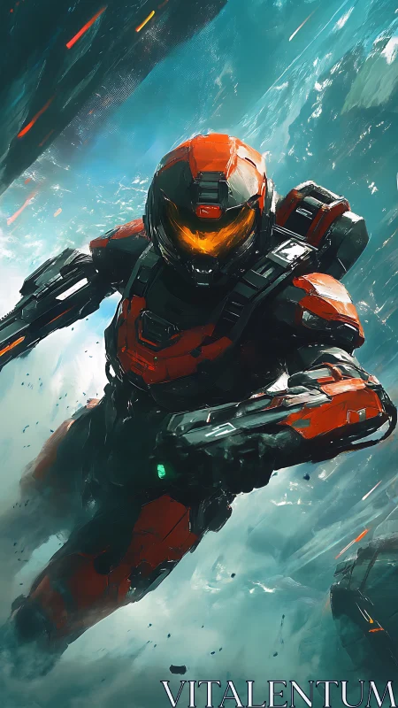 Armored sci fi soldier advances through debris filled atmosphere