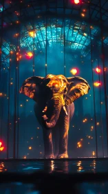 Glowing elephant walks gently through a dreamy glass hall