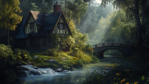 Radiant forest stream with storybook cottage and stone bridge.