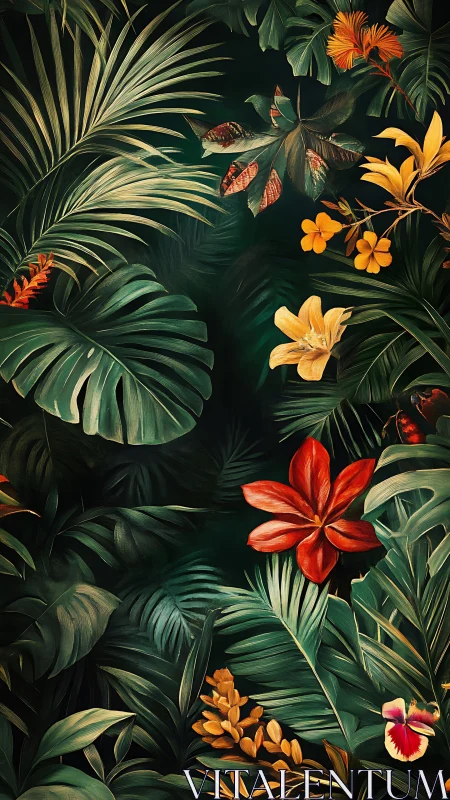 Dense tropical foliage with bold red and yellow flowers.