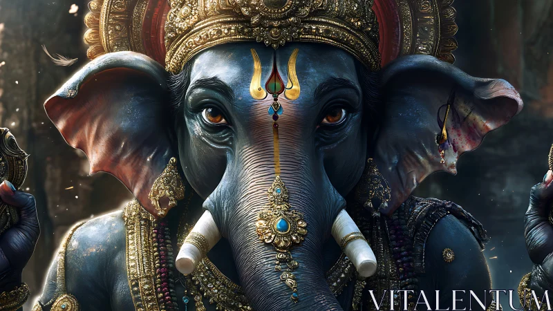 Hyperreal elephant-headed deity portrait with jeweled regalia